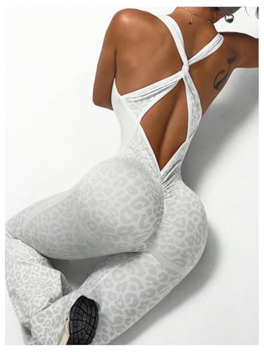 Image of Verdusa Women's Cheetah Print Workout Sets Yoga Jumpsuit Criss Cross Sleeveless Work Out Clothes Flared Pants Jumpsuits