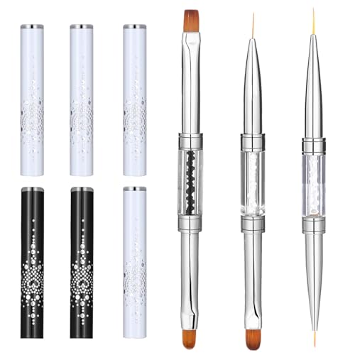 KFHENSOMR Hard Gel Nail Brush, 3pcs Rhinestone Handle Nail Brushes, Double Ended Nails Builder Gel Brush, French Tip Nails Gels Liner Brushes for Professional Fingernails Art (Black, White)