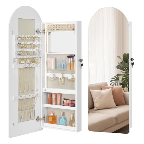 Image of SONGMICS HOME Over the Door Mirror Jewelry Cabinet, Lockable Jewelry Armoire with Arch Mirror, Wall Mounted Organizer with Inner Mirror and LED Lights, 16.7 x 4.1 x 42.7 inches, Cloud White and Tan