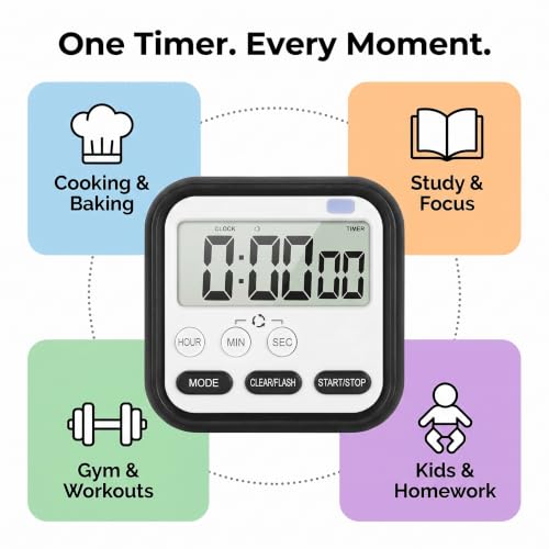 Image of Digital Kitchen Timer Clock, Study Stopwatch Magnetic Large LCD Display | Countdown & Count-Up Dual Mode, Perfect for Cooking & Studying, Time Management Tool
