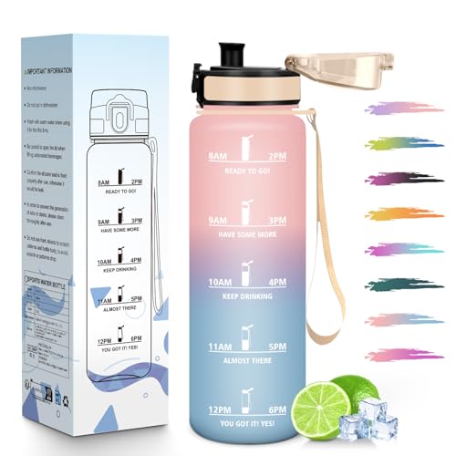 HoneyHolly Trinkflasche 1L, Zeitmarkierung, Wasserflasche, Auslaufsicher, Trinkflasche Sport, Wiederverwendbar, Water Bottle für Fitnessstudio, Radfahren, Büro, Outdoor, Wasserflasche Auslaufsicher