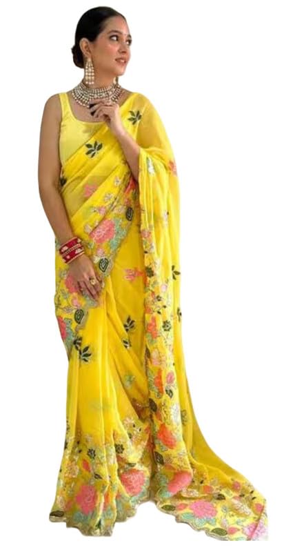 Saree indien georgette jaune avec broderie élégante et son chemisier