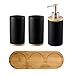 OnePine Lot de 4 Ensemble d'accessoires de Salle de Bain en céramique, Porte-Brosse à Dents, Distributeur de Savon, Gobelet, Plateau en Bambou