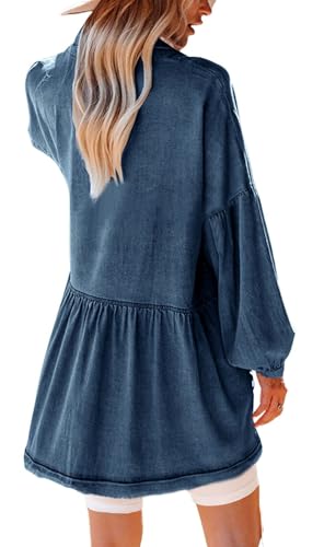 Image of loveimgs Women Oversized Distressed Denim Button Down Shirt Tunic Dress Flowy Mini Jean Dress with Pockets