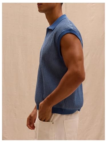 GORGLITTER Men's Striped Sweater Vest Sleeveless Knit Tank Tops Collar Pullover Knitwear2