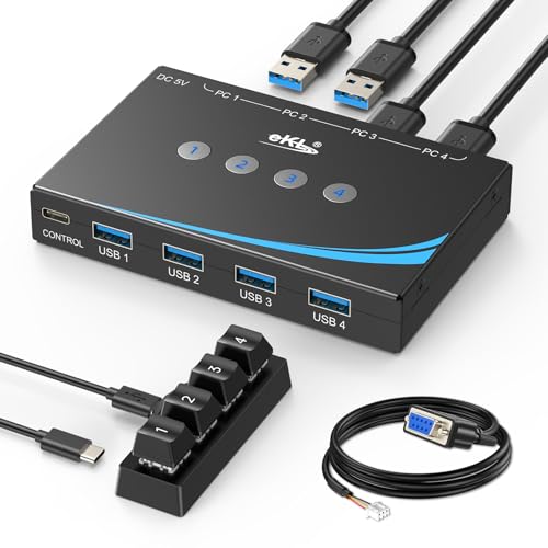 Tre modalità di commutazione: lo switcher USB ha tre modalità di commutazione: controllo desktop, pulsante e RS232, cambia i dispositivi liberamente come preferisci. Puoi mettere l'interruttore USB sotto la scrivania e utilizzare il controllo desktop per risparmiare sapce. Oppure usa il codice RS232 per cambiare. NOTA: non utilizzare la porta USB per alimentare l'altoparlante, altrimenti potrebbe portare a una connessione instabile.
