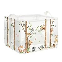 Clastyle 36L Large Birch Tree Animals Fox Bear Shelf Basket with Handle Collapsible Rectangle White Toy Clothes Cube Storage Basket for Kids Room