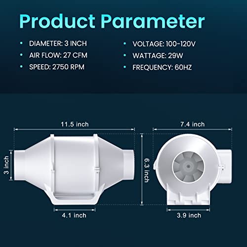 Hg Power 3 Inch Inline Duct Fan, 3" Booster Fan With Low Noise, Inline Hvac Blower Fan For Bathroom, Basement, Kitchen, Garage, Attic #TOP2