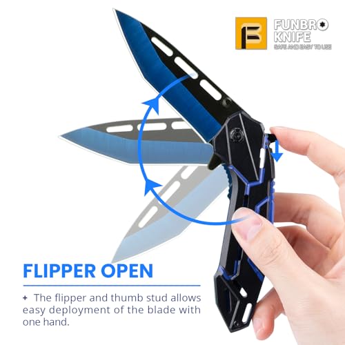 Image of FUNBRO Cool Pocket Knife for Men, Camping Knife with 3.4 inch Stainless Steel Blade, EDC Folding Knives with Clip for Outdoor Hiking, Gifts for Him Dad Husband (Blue)