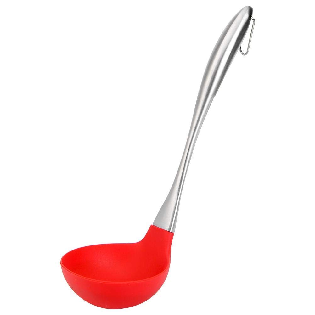 Premium Solid Silicone Non-Stick Spatula Ladle Heat Resistant Soup Ladle Scoop with Stay-Cool Stainless Steel Handle 32 cm *8 cm(Steel Ladle) (Red)