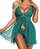 KYLELOVE Lace Babydoll Linegrie Open Front Chemise Mesh Nightie Ruffle Nightgown Green