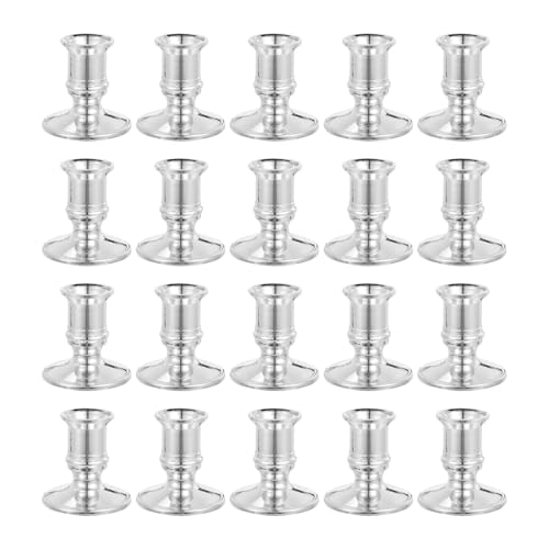 Homoyoyo 20pcs Plastic Candle Stick Holders Silver Base Bulk Pack Stylish Pillar Holders for Dinner Table Decor