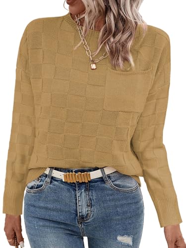 Women Lightweight Sweaters Crewneck Long Sleeve Block Knit Pullover Shirts Tunic Tops with Pocket