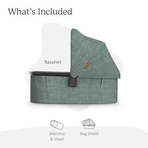 Image of UPPAbaby Bassinet V3 - Compatible with Vista, Cruz, Ridge Strollers - Overnight Sleep Solution - Mattress, Sheet and Bug Shield Included - Gwen (Green Melange /Carbon Frame)