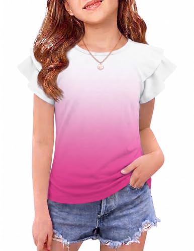 Image of Girls T Shirts Ruffle Short Sleeve Round Neck Loose Blouse Summer Solid Color Casual Girl Tee Tops for 3-12 Years