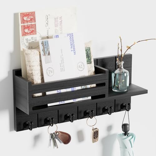 SWTYMIKI Schlüsselbrett mit Ablage - Schlüsselkasten holz mit Regal Enthält Briefhalter und 6 Haken, Schlüsselhalter Wand für Wohnzimmer, Küche, Büro, Flur, Schlafzimmer, Schwarz