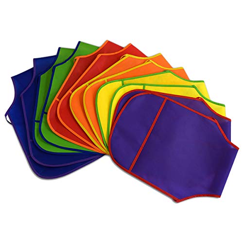 Kids Paint Smock, Childrens Painting Apron with Pockets, Bulk Plastic Bibs, Reusable & Washahble for Arts & Crafts, Cooking, Parties, Preschool, Toddlers DIY Projects for Boys & Girls Ages 2-7, 12 Pcs