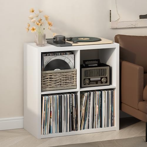 Image of Furinno Cubicle Record Player Stand, 4-Cube Vinyl Record Storage, White | Vinyl Storage, 1.2 inchInch Extra Thick, Open Back Media Shelf for CD DVD Bluray Game Disc, for Living Room, Home Office