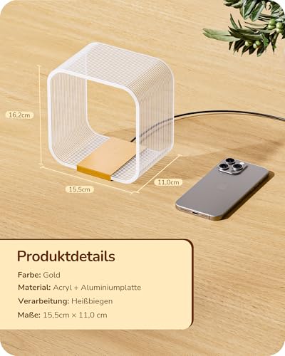 EDISHINE LED Tischlampe, moderne Nachttischlampe mit versteckter Lichtquelle & Lasergravur, Acryl & Aluminium, 3000K, 4W Dekolampe für Schlafzimmer, Wohnzimmer, Gold