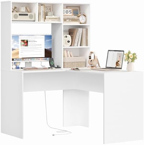 FirFurd Biurko komputerowe w kształcie litery L, białe stanowisko...
