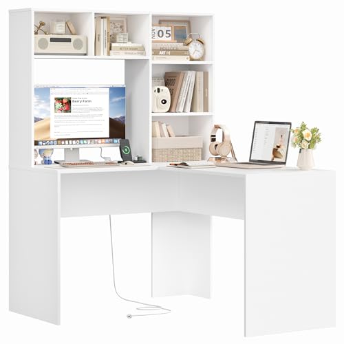 FirFurd Escritorio Esquinero con Estantería, Escritorio Juvenil, Mesa Ordenador en Forma de L, con Regleta, Mesa para Estudio, Dormitorio, Oficina, Blanco