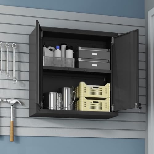 Image of Manhattan Comfort Fortress Floating Garage Storage Cabinet with Adjustable Shelves and Lock, Recessed Handles, Metal Wall Mounted Lockable Utility Cabinet, Steel Garage Storage in Charcoal Gray