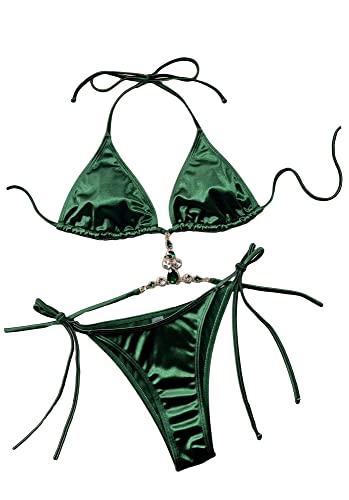 Women's Satin 2 Piece Rhinestone Bathing Suit High Waisted Swimsuit Bikini Set