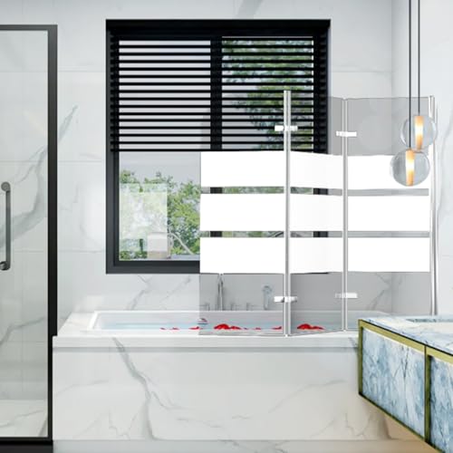 Jopassy Mampara de ducha para bañera, 120 x 140 cm, mampara de ducha plegable de 3 piezas, con vidrio templado de seguridad de 6 mm, mampara de ducha con rayas blancas, pared de cristal con accesorio