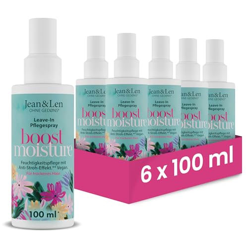 Jean & Len Boost Moisture Leave In Pflegespray, im praktischen Set, für trockenes Haar, mit Anti-Stroh-Effekt, Leave In Haarpflege, für glänzendes Haar, ohne Parabene & Silikone, vegan, 6 x 100 ml