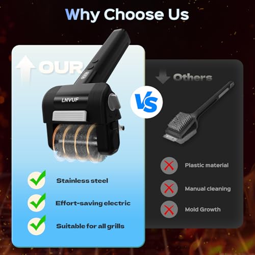 LNVUF Electric Grill Brush, Grill Cleaner with LED Light, with 800 RPM Motor, 304 Removable Stainless Steel Brush Head, Cordless & Type-C Rechargeable for BBQ, Heavy Duty Grill Cleaning Tool (Black)