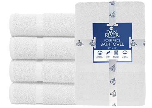 Image of DAN RIVER Bath Towels Set of 4, 27 x 54 Inches, 100% Cotton, Larger & Lighter Weight, Quicker to Dry, Super Soft and Absorbent, Ideal White Towels for Daily Use