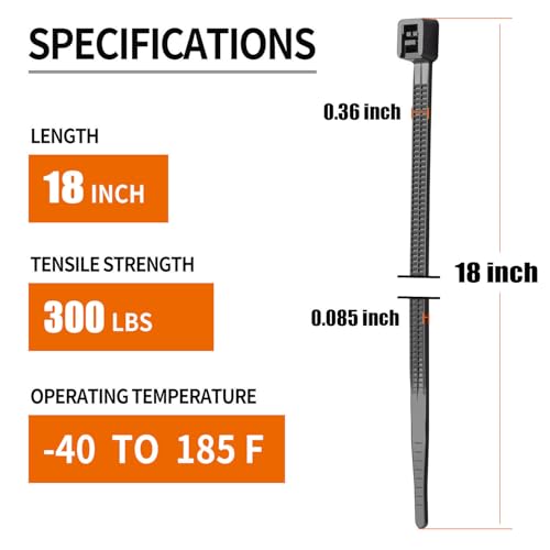 Eletoo 18 Inch Black Zip Ties Heavy Duty 100 Pack Long Cable Ties, 300 LBS Ultra Strong Tensile Strength, Self-Locking UV Resistant for Indoor and Outdoor Use