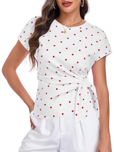 Image of HOTIAN Womens Cap Sleeve T Shirts 2026 Tie Waist Wrap Tops Crew Neck Blouses Dressy Casual Loose Work Business Dressy