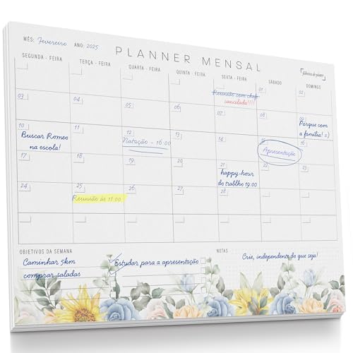 Planner Agenda Mensal Floral - 50 folhas - tamanho A4