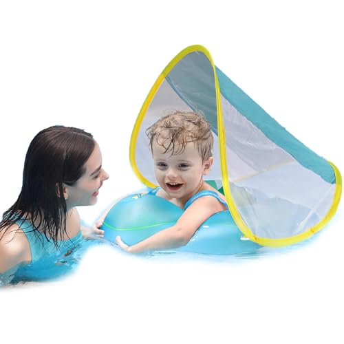 Image of Free Swimming Baby Inflatable Baby Swim Float with Sun Canopy Size Improved Infant Pool Floaties Swimming Pool Toys for The Age of 3-72 Months(Blue, S)