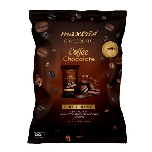 MAXTRIS Praline di Caffé Cioccolato Fondente Incartati - 1 Busta da 1 kg di Chicchi di Caffe Ricoperti Cioccolato Fondente -