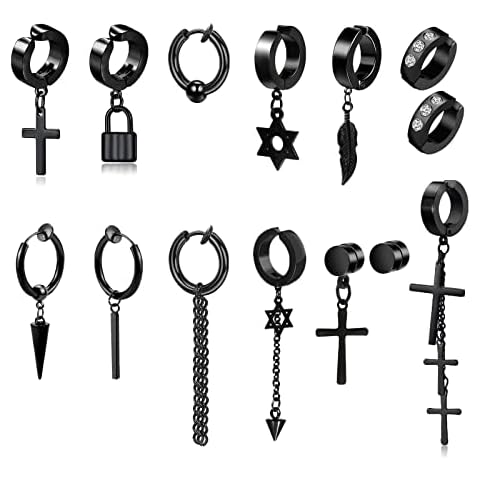 14 Pcs Black Goth Stainless Steel Non Pierced Fake Piercing Cross Feather Spike Awl Star of David Dangle Tassel Clip on Hoop Earrings Set Jewelry for Unisex Cover