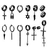 14 Pcs Black Goth Punk Stainless Steel Non Pierced Cross Feather Spike Awl Star of David Dangle Tass
