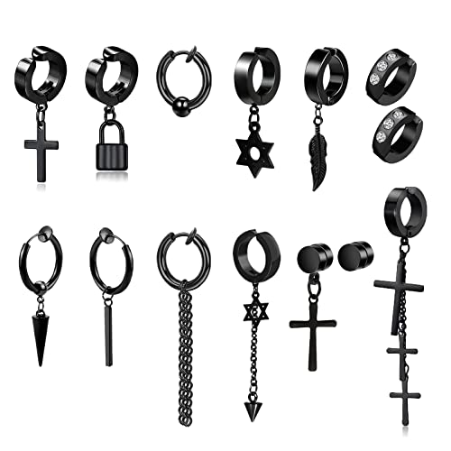 14 Pcs Black Goth Punk Stainless Steel Non Pierced Cross Feather Spike Awl Star Of David Dangle Tassel Clip On Hoop Earrings Set Jewelry For Women Men, Non Piercing Fake Cross Magnetic Stud Earrings #TOP16