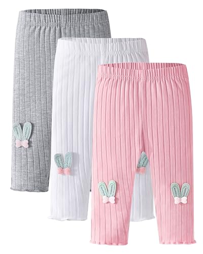3 Pack Baby Girl Pants: Soft Solid Ribbed Pants Ruffle Hem Pull On Leggings for Infant 0-18 Months