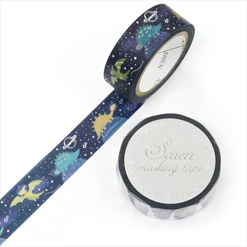 SAIEN UR-3074 Masking Tape, Space Dinosaur, 0.6 inches (15 mm) x 26.4 ft (7 m), Washi, Foil, Japan