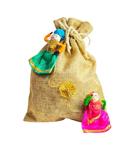 GenericJute Potli with Puppets Decoration, Gifting Potli, Batwa, Return Gift, Hampers, Wedding Gifting By Indian Collectible, Multi