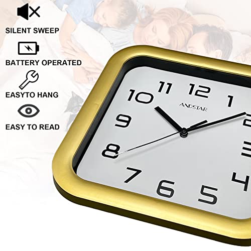 Andstar Square Clock Round Modern Retro Silent Non Ticking Battery Operated Accurate Arabic Numerals Design Decorative For Home,Living Room,Bedroom,Office,Canteen,School(Gold) #TOP2