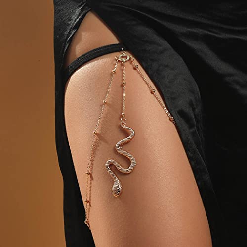 Handcess Boho-Beinkette, goldfarbene Schlangenkette, Oberschenkelketten, elastische Sommerperlen, Körperkette, Strandgeschirr, Körperschmuck für Frauen und Mädchen Cover