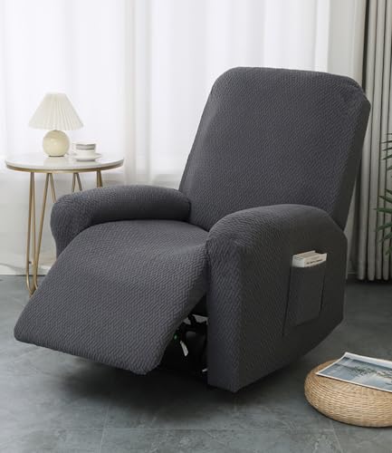 Hearda Funda Sillon Relax Reclinable, Jacquard Gris Oscuro Funda Sillon Relax 1 Plaza, Elástica 4 Piezas Funda para Sofá Reclinable con Bolsillos Laterales Extraíble