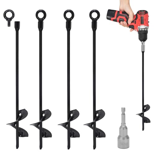 4pcs Black Screw Anchors with 1 Transfer Head, Windproof Camping Fixed Tent Stakes, Removable Drilling Ground Tools, Heavy Duty Ground Anchor for Tents, Canopies, Sheds, Trampoline, Swing Sets