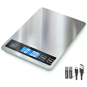 BAKFEE – Báscula de cocina digital de 33 lb con acero inoxidable y vidrio templado, recargable por USB, graduación precisa de 1 g / 0.05 oz, superficie impermeable y resistente, para cocinar, hornear