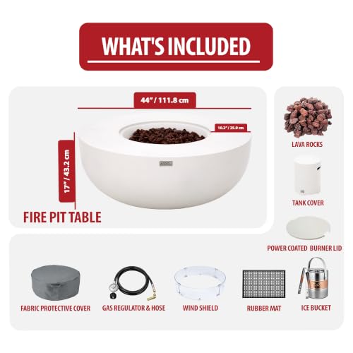 Image of AMS Creations | Eclipse 44 inch Bundle Round Cast Concrete Propane Gas Fire Pit Bowl Table | Cream White | Smooth Texture Surface | Electronic Ignition | Outdoor Patio Heater Outside Backyard Fireplace