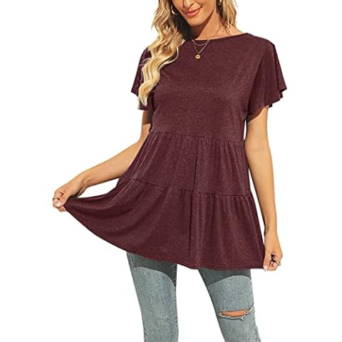 Hibluco Womens Summer Babydoll Tops Short Sleeve Shirts Round Neck Shirt Tunic Blouse Cover