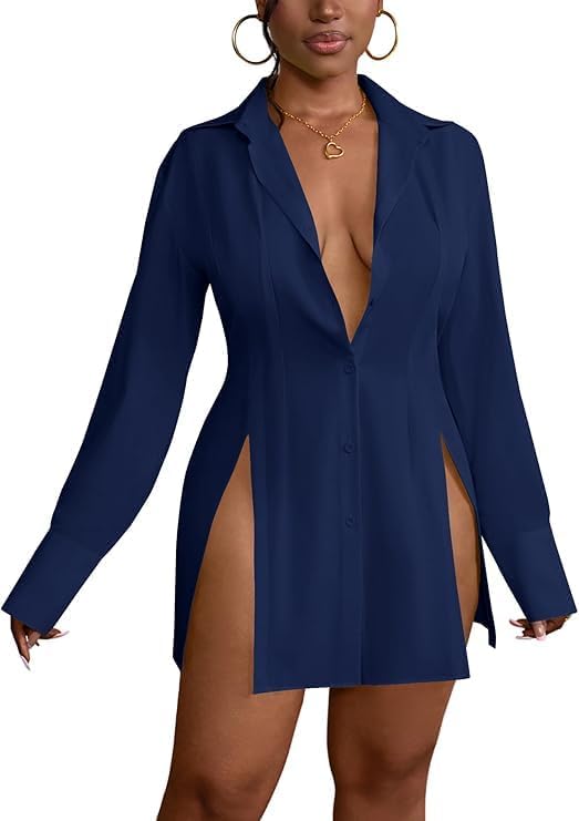 LYANER Women's Collar V Neck Button Down Shirt Dress Long Sleeve Slit Sexy Shirt Dresses Navy Blue Medium